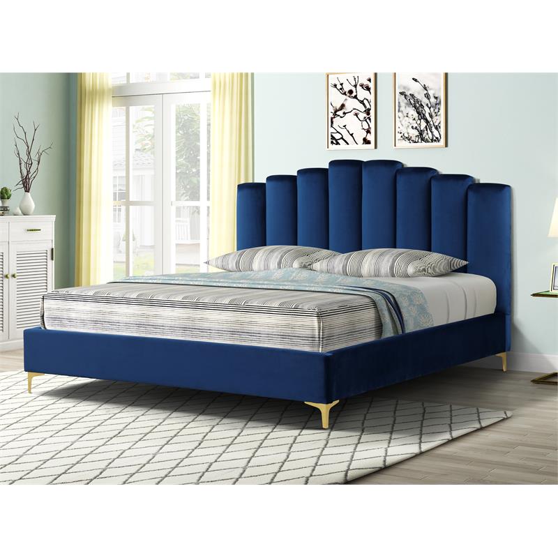 Sicily Velvet Fabric King Platform Bed in Blue