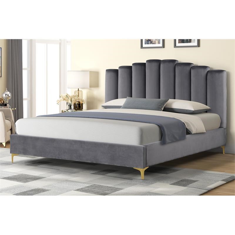 Sicily Velvet Fabric Cali King Platform Bed in Gray