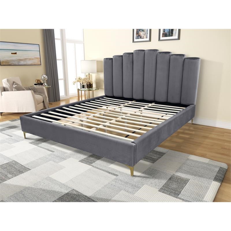 Sicily Velvet Fabric Cali King Platform Bed in Gray