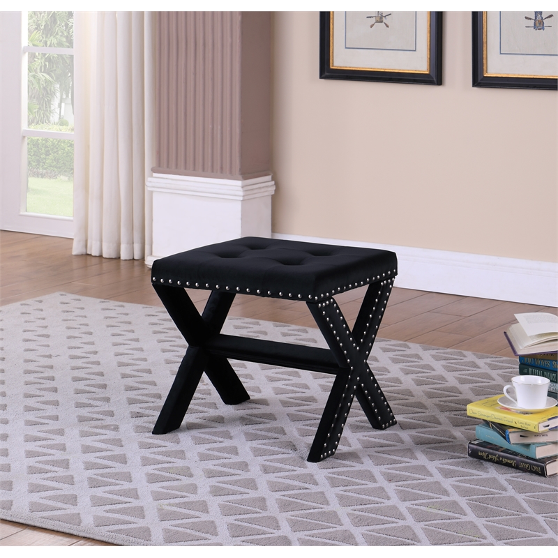 Velvet Fabric Upholstered Square Accent Bench in Black