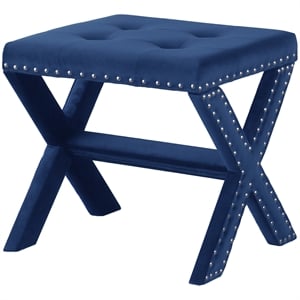 Velvet Fabric Upholstered Square Accent Bench in Blue