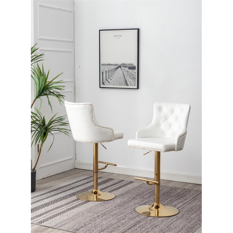 Brightcast 2-piece Velvet Tufted Gold Bar Stools in White