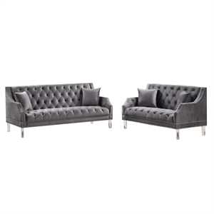 tao tufted velvet with acrylic legs sofa and loveseat set in gray