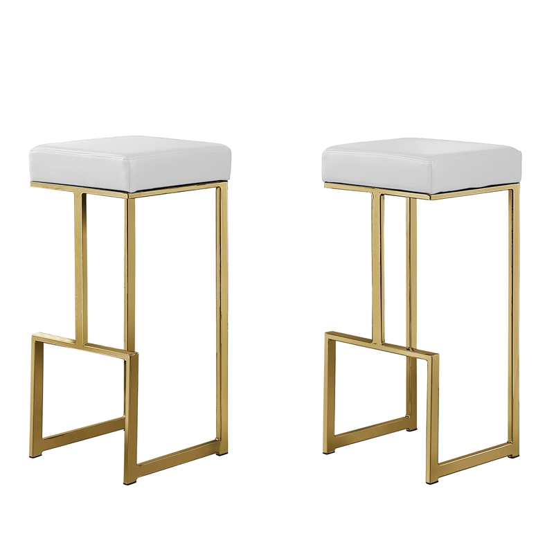 Dorrington Modern Faux Leather Backless Bar Stool in White/Gold (Set of 2)