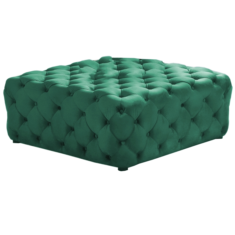 Kelly Square Transitional Velvet Fabric Ottoman in Green