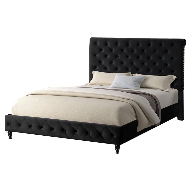 Ashley Tufted Velvet Fabric Queen Platform Bed in Black