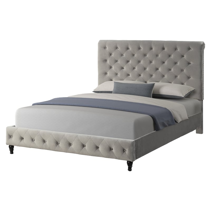 Ashley Tufted Velvet Fabric Queen Platform Bed in Gray