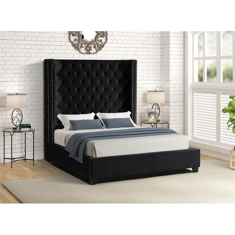 Yvonne Velvet Upholstered Queen Platform Bed in Black