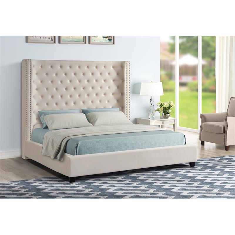 Yvonne Velvet Upholstered Queen Platform Bed in Beige