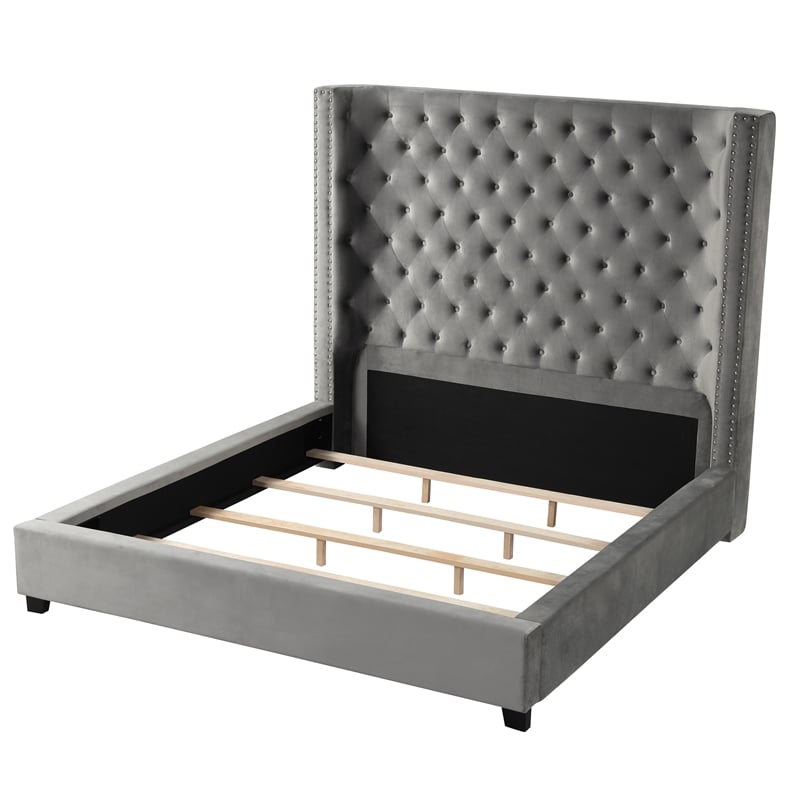 Yvonne Velvet Upholstered Cali King Platform Bed in Gray