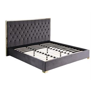 kressa velour fabric tufted cali king platform bed in dark gray/gold