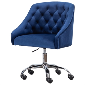 blue tufted velvet swivel task chair with silver base and wheels