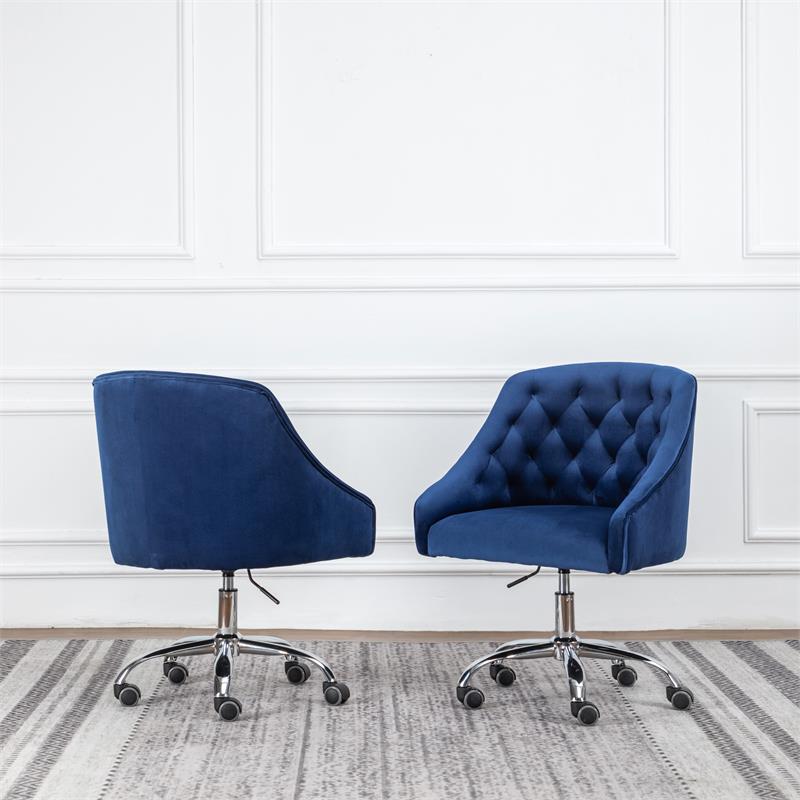 Blue Tufted Velvet Swivel Task Chair with Silver Base and Wheels