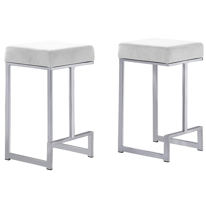 Dorrington Velvet Backless Counter Height Stool in White/Silver (Set of 2)