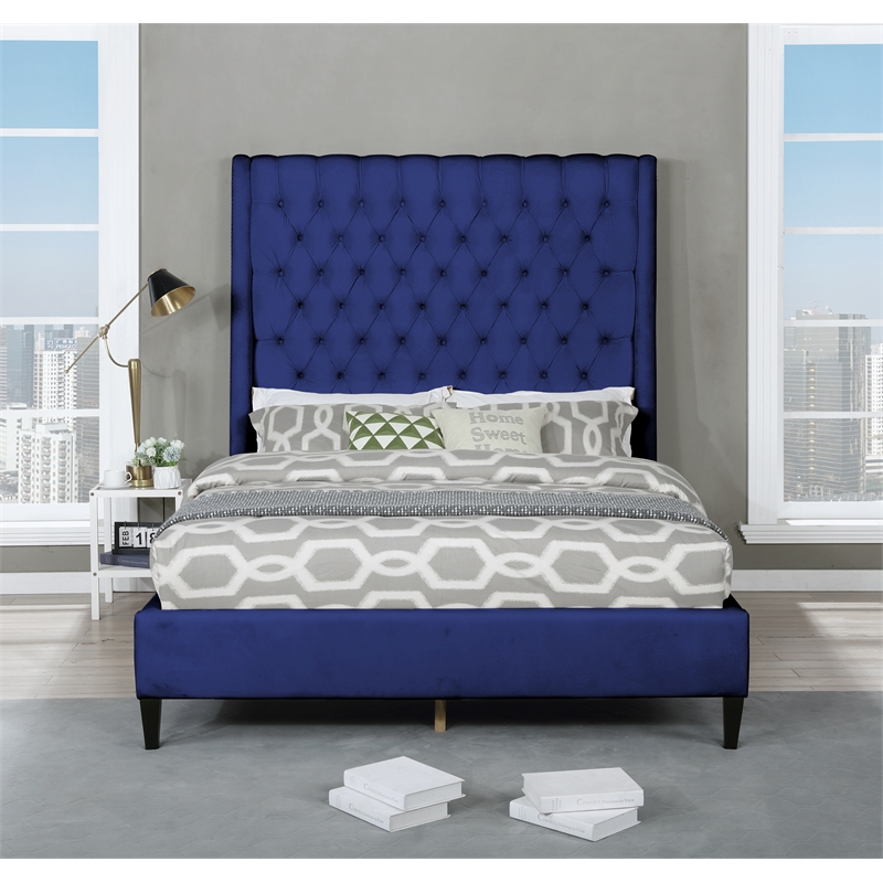 Best Master Bellanova Navy Blue Tufted Velvet Queen Platform Bed