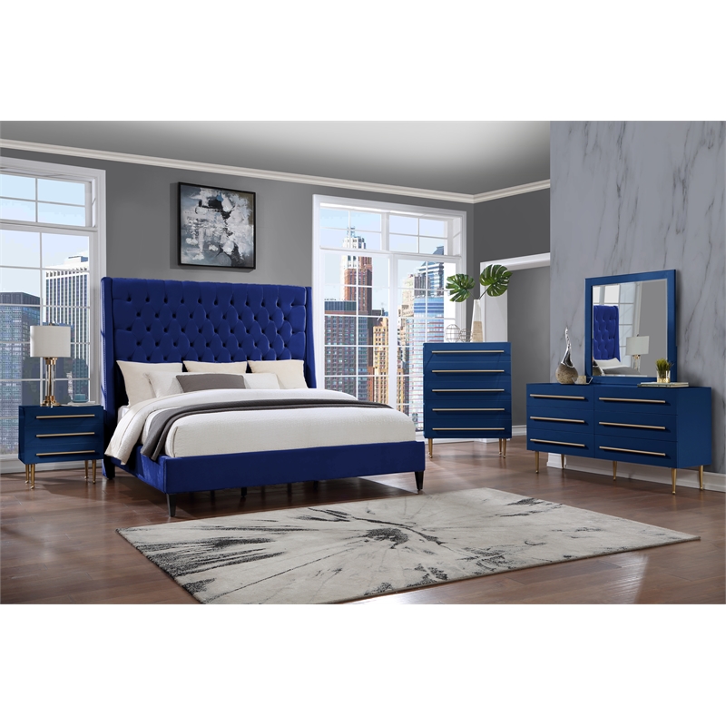 Best Master Bellanova Navy Blue Tufted Velvet Queen Platform Bed