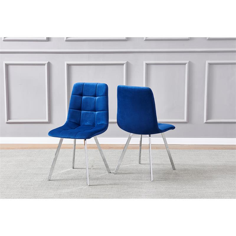 Huey Blue Velvet Fabric Side Chairs in Silver (Set of 4)