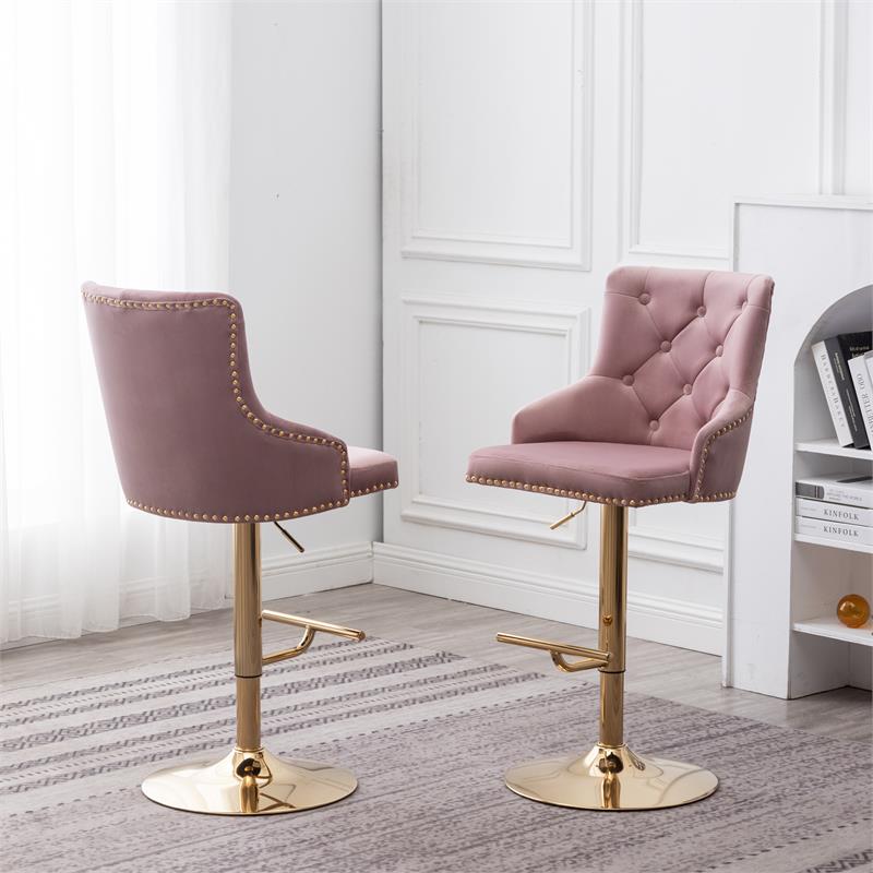 Brightcast 2-piece Velvet Tufted Gold Bar Stools in Pink