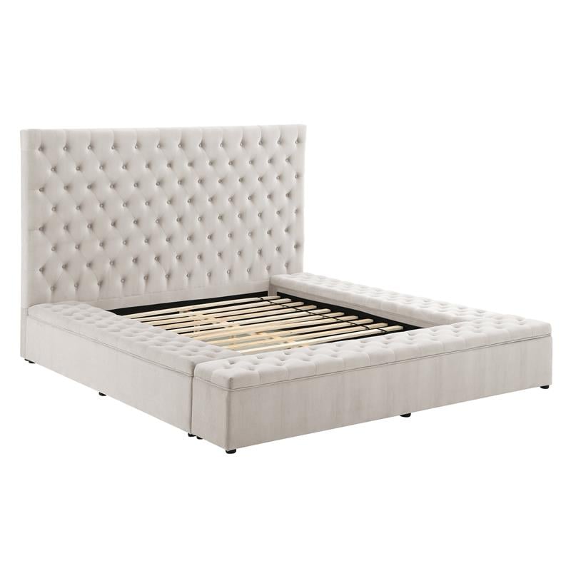 Cierra Velvet Platform Queen Bed with Storage in Cream