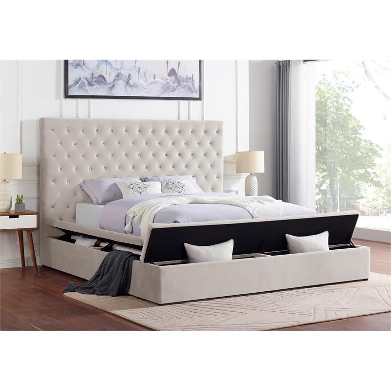 Cierra Velvet Platform Queen Bed with Storage in Cream