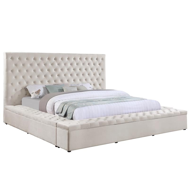 Cierra Velvet Platform Queen Bed with Storage in Cream