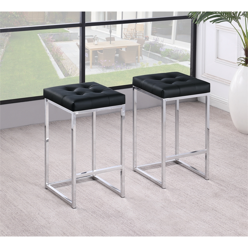 Jersey Black Faux Leather Counter Height Stool in Silver (Set of 2)