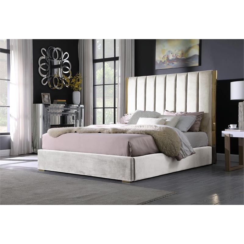 Jalen Beige Velvet King Platform Bed with Gold Accents