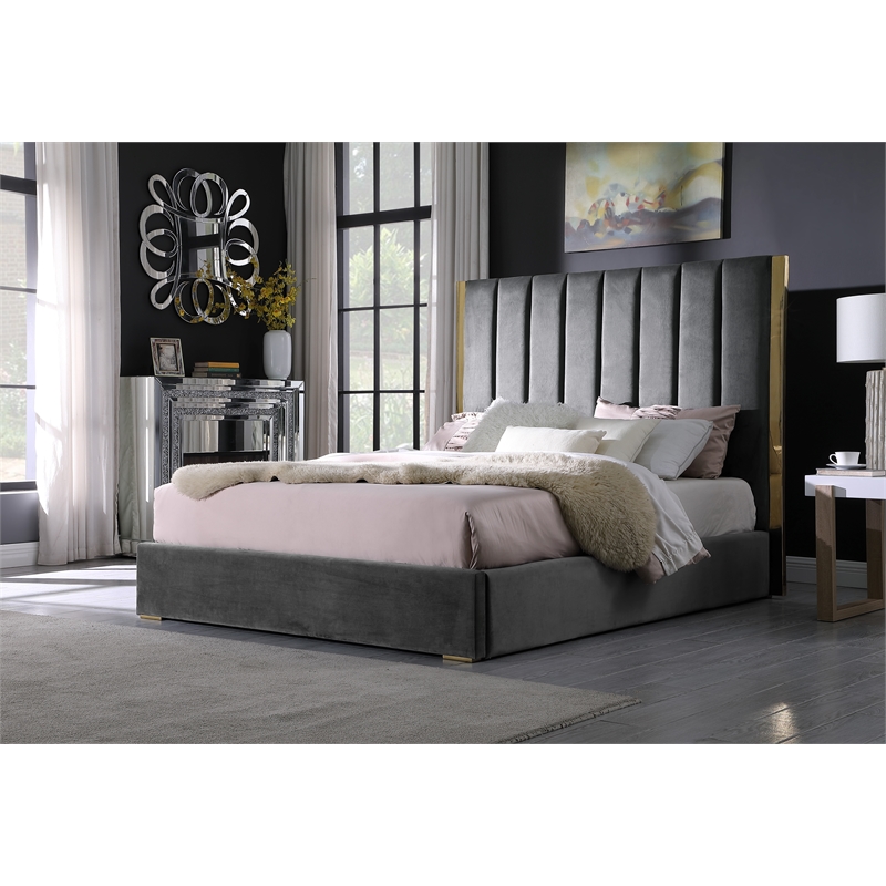 Jalen Dark Gray Velvet California King Platform Bed with Gold Accents