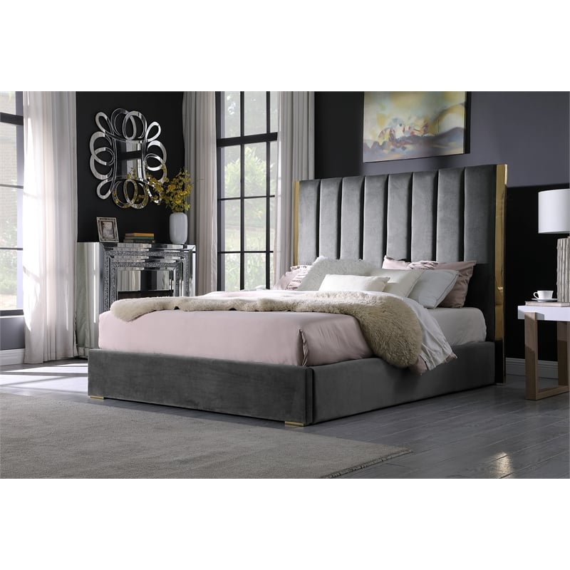 Jalen Dark Gray Velvet King Platform Bed with Gold Accents