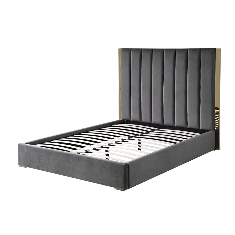 Jalen Dark Gray Velvet King Platform Bed with Gold Accents