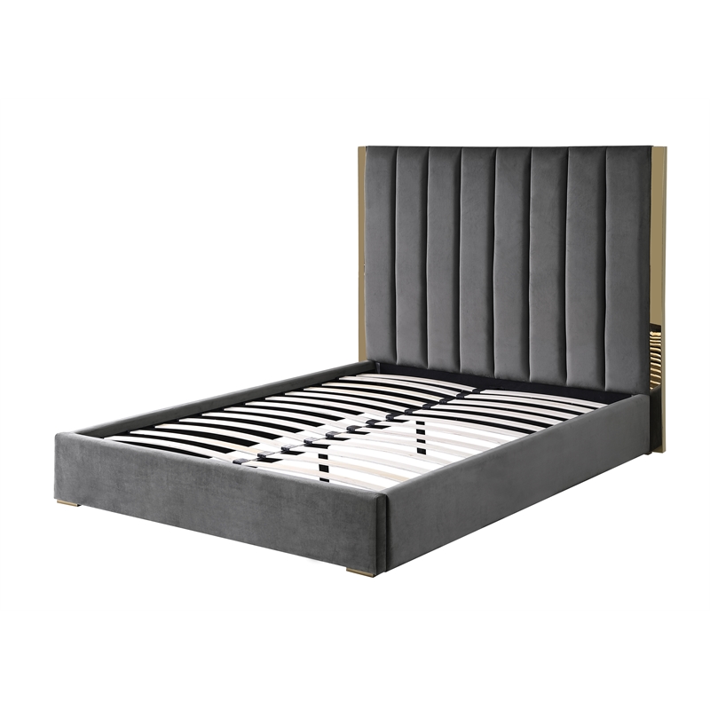 Jalen Dark Gray Velvet Queen Platform Bed with Gold Accents