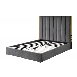 Jalen Dark Gray Velvet Queen Platform Bed with Gold Accents