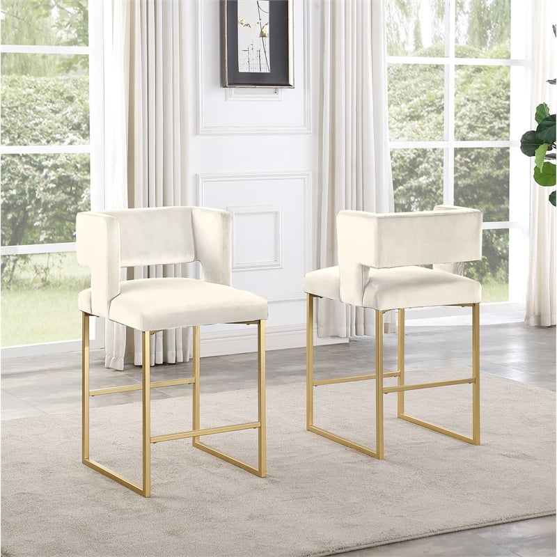 Lynx Cream Velvet Bar Stools in Gold (Set of 2)