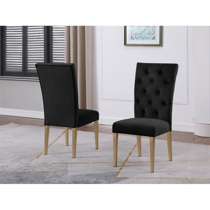 Tyrion Black Tufted Velvet Side Chairs in Brushed Gold (Set of 2)