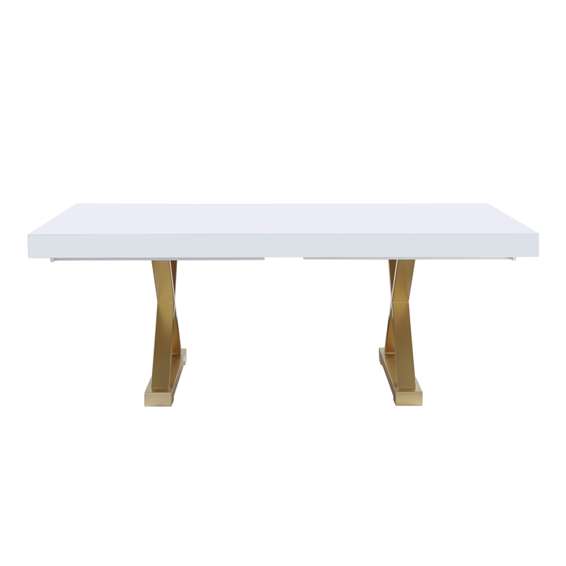 Tyrion Rectangle Extendable Modern White Wood Dining Table in Brushed Gold
