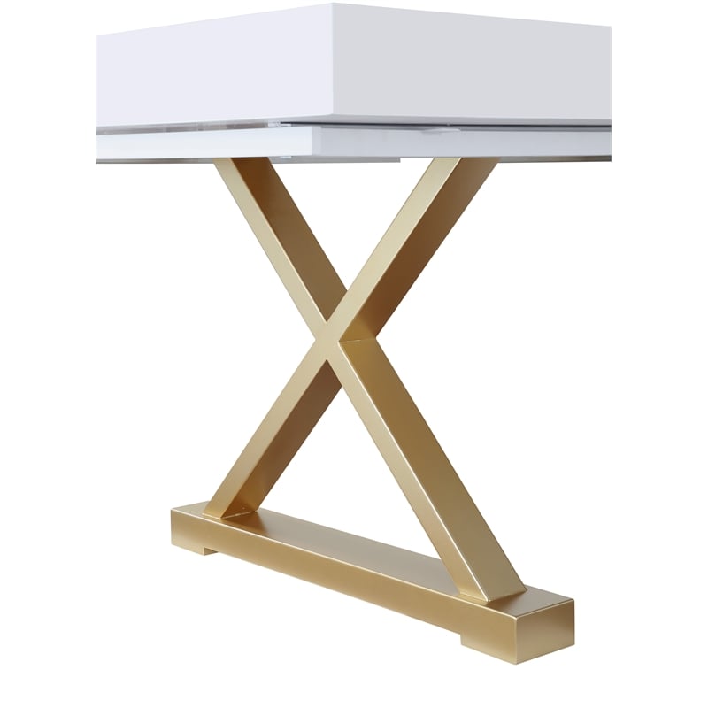 Tyrion Rectangle Extendable Modern White Wood Dining Table in Brushed Gold