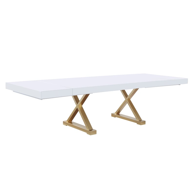 Tyrion Rectangle Extendable Modern White Wood Dining Table in Brushed Gold