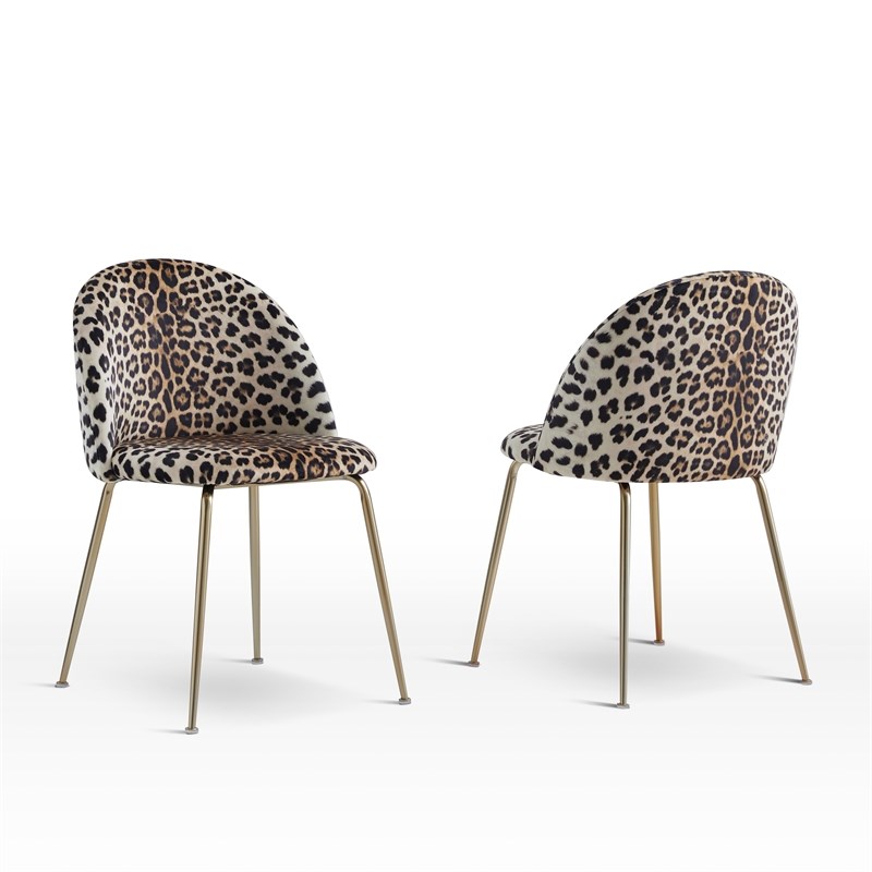 Best Master Miramar Velvet Metal Dining Chairs in Yellow Leopard Print Set of 2
