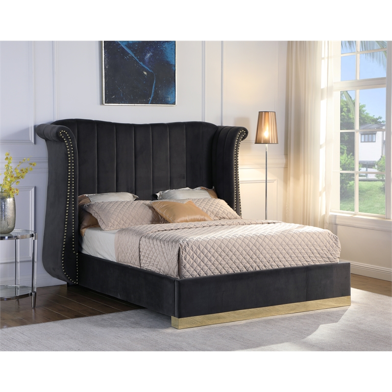 Jamie Velvet Gray California King Platform Bed with Gold Accents