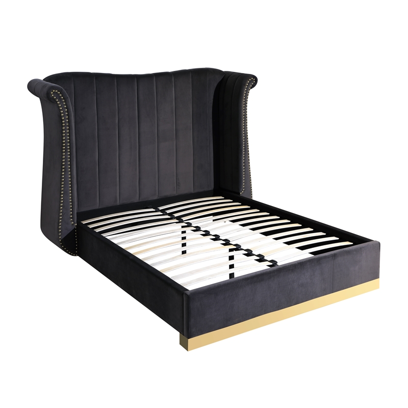 Jamie Velvet Gray California King Platform Bed with Gold Accents