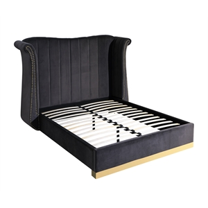 Jamie Velvet Gray Queen Platform Bed with Gold Accents
