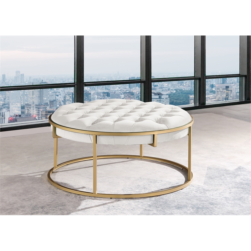 Amoria Cream Round Ottoman in Brushed Gold