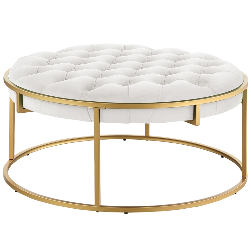 Amoria Cream Round Ottoman in Brushed Gold
