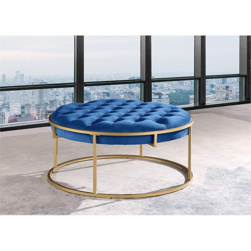 Amoria Navy Round Ottoman in Brushed Gold
