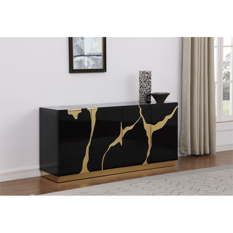 Sanford Black Lacquer Wood High Gloss with Gold Accent Modern-Sideboard