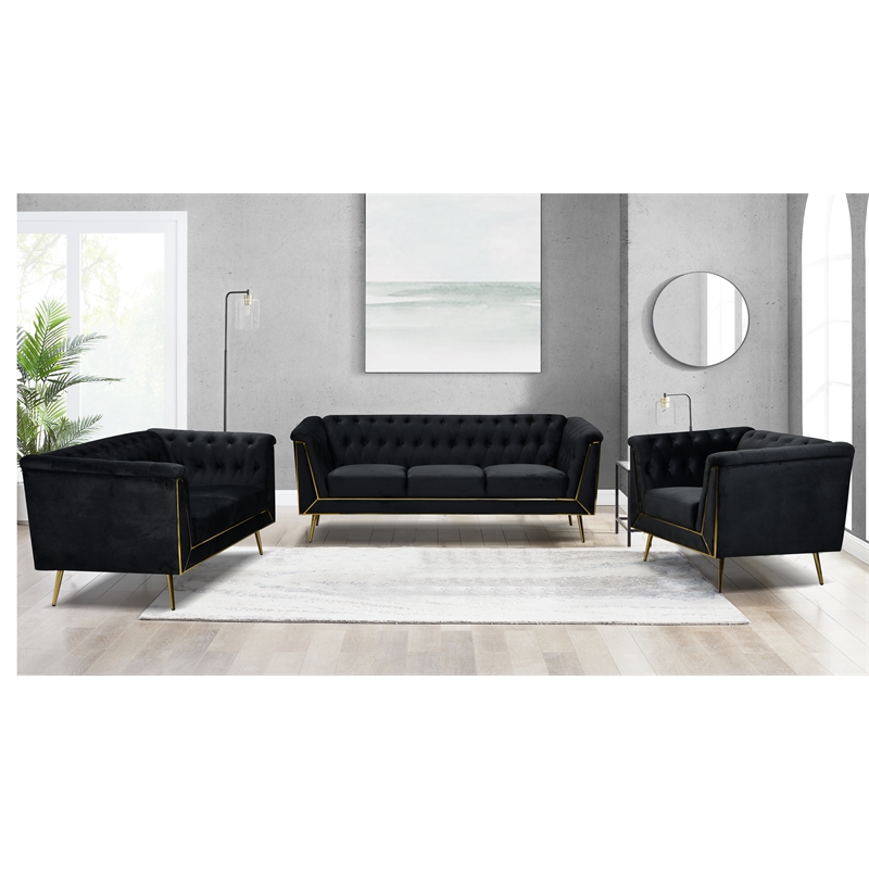 Windsor Flared Arm Velvet Loveseat in Black