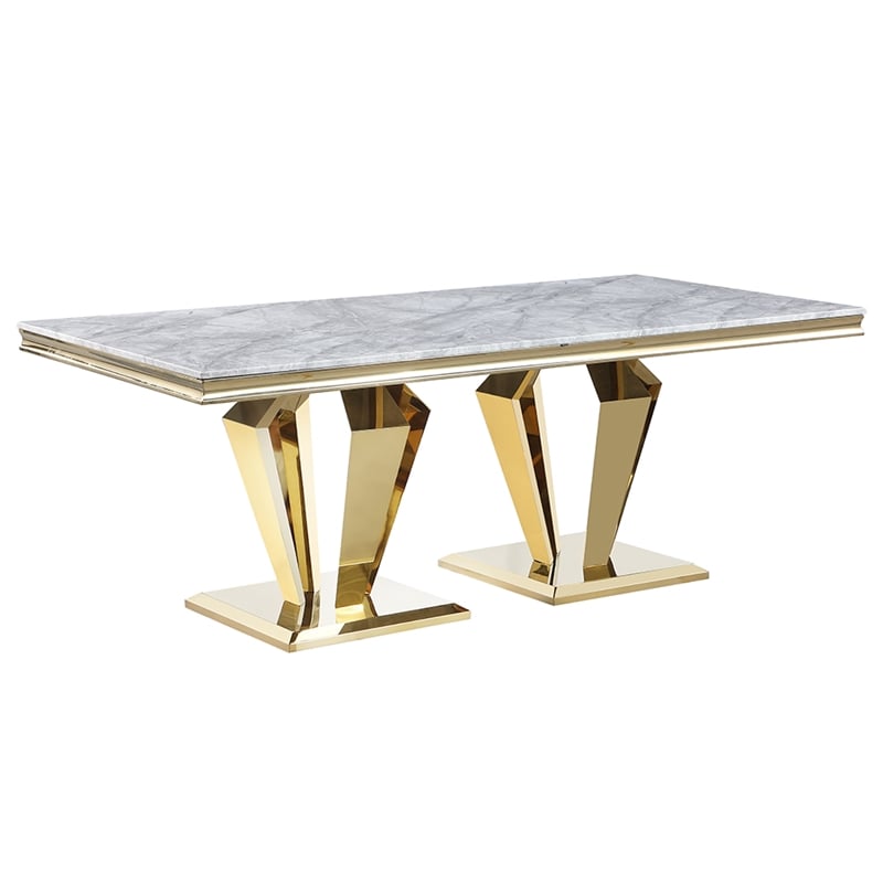 Crownie Gold Faux Marble Pedestal Rectangle Dining Table (Seats 6)