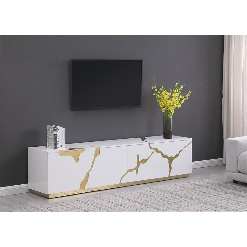 Sanford White High Gloss Wood with Gold Accent Modern TV Stand