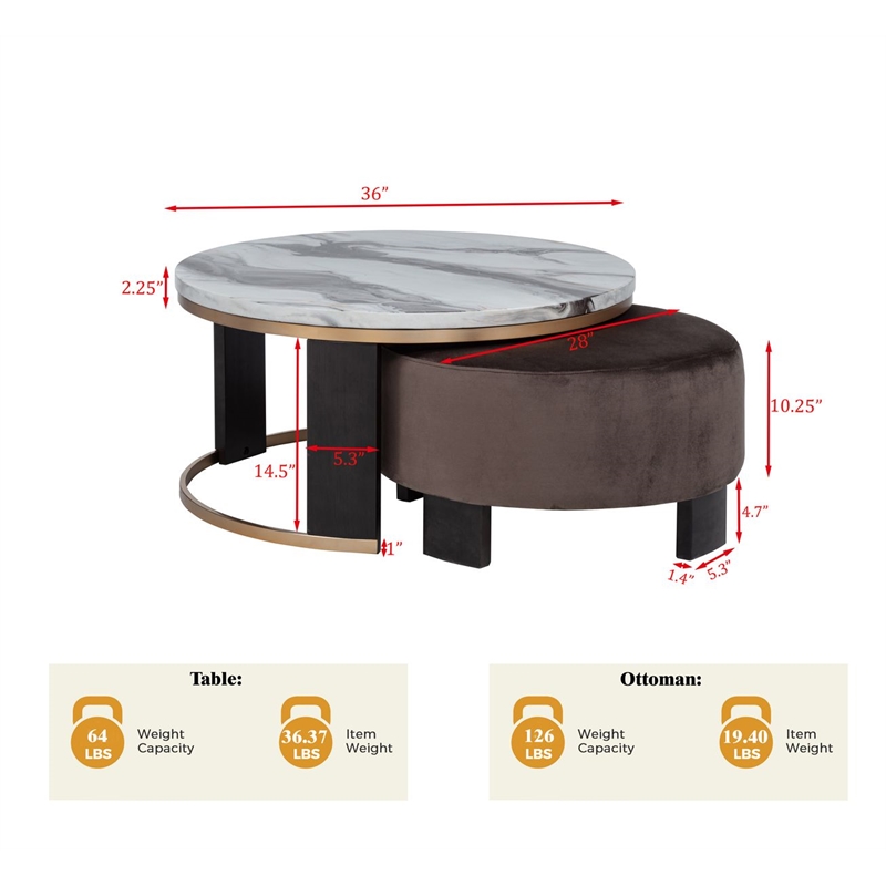 Best Master Furniture Tvano Modern 2-Piece Nesting Coffee Table with Stool
