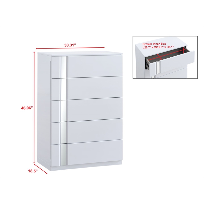 Best Master Furniture Denver Modern Mirrored 5-Drawer Chest (White)